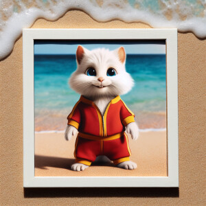 Create an image of an adorable white kitten standing upright on...