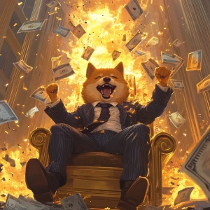 Dogwifhat meme Shiba Inu wearing an oversized pinstripe suit and...