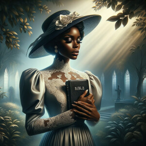 Render an airbrush oil painting of an African American woman with flawless makeup in a
contemplative pose, holding a Bible close to her heart, dressed in an elegant Sunday Best
outfit with a distinctive Church Hat. The background features a peaceful church garden,
with light filtering through the trees, highlighting her spiritual connection and the personal
moment of reflection. The artwork should capture the tranquility of the scene, the beauty
of her attire, and the depth of her contemplation, reflecting a serene and spiritually