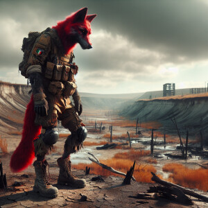 Male, anthromorphic red wolf, former Italian military survivor