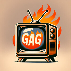 Tube TV with the word “GAG” on the screen on fire cartoon logo