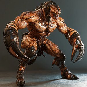 Create a highly detailed 8K resolution 3D image of a muscular, a...