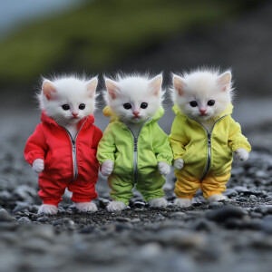three white kittens with black eyes, one week old, wearing neon...