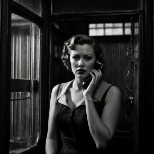 A captivating yet distressed woman, portrait shot, inside a vint...