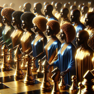 3-D realistic oil, painting,of a gold and black human chessboard...