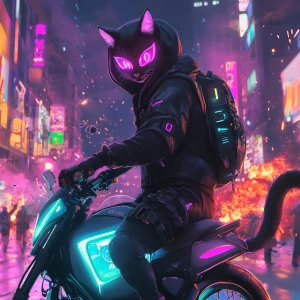 Stylized portrait of a masked street cat wearing a sleek black t...