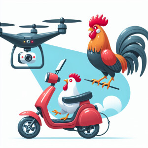 Дрон следит за петухом, который катается на самокате