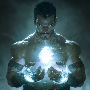 a stoic figure with glowing crystalline hands, clenched fists, u...
