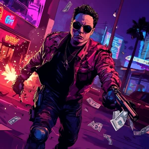 Elon Musk in GTA art style - wearing a torn tactical suit, holdi...