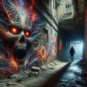 Twisted, nightmarish graffiti covering a decaying urban alleyway, dripping and pulsating with unnatural colors; a shadowy figure with glowing red eyes lurks in the background.