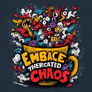 hand-drawn coffee cup overflowing with swirling chaotic animals,...