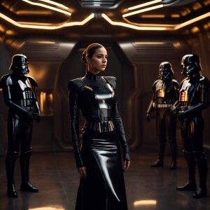 A striking scene featuring a confident woman in a sleek, black l...