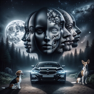 Black BMW f31 in the forest and a beagle in front, falling Stars...