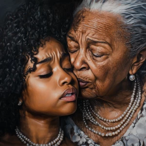 An emotional moment between two African American women, one younger and one older, depicted in a hyper-realistic style. The younger woman has curly black hair, while crying, showing deep sorrow and vulnerability. The older woman, with gray hair and deep wrinkles, gently kisses her on the cheek, providing comfort and love in a maternal way. Both are wearing pearl necklaces, and the scene captures a powerful sense of emotional connection and empathy. The lighting is soft, highlighting their rich, dark skin tones and the intricate details of their expressions."