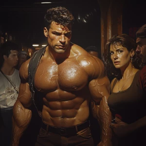 Create a realistic image of a muscular, sweaty man with a beefy...