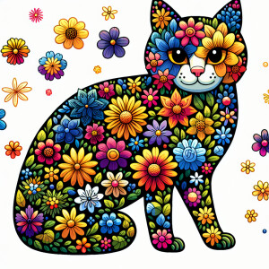 Imagine a cartoon of a cat with a body covered in a vibrant arra...