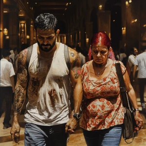 Photorealism,A sweaty tattoed muscular man walking with his 54...