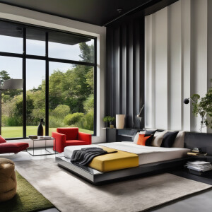 Describe a modern room with a bed, sofa, TV, and a view of a lus...