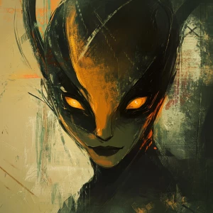 Create an image of a menacing female alien chef depicted in an a...