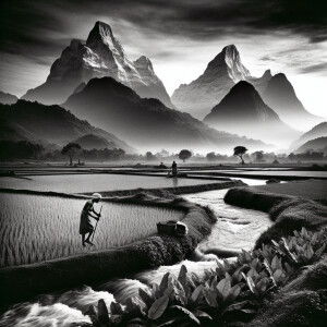 A black and white photograph of a beautiful landscape two mounta...