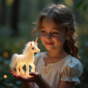 A tiny glowing unicorn, no taller than a teacup, gently trots an...