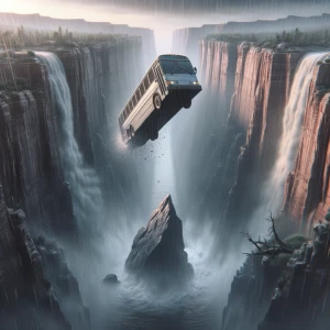 A bus is plummeting into a gorge, a large, jagged rock awaits at...