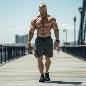 Muscle bodybuilder blonde hair beard hairy chest cargo shorts bl...