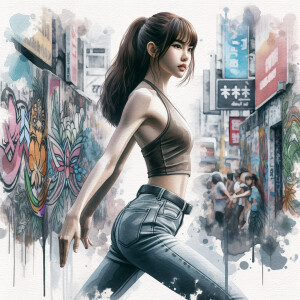 Athletic Thin skinny Attractive, Asian teenage girl, long brown hair and bangs, wearing tight skinny jeans and a halter top paint marks on her clothing, heroic pose Asian graffiti background, side view