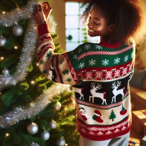Woman in Christmas sweater hanging tinsel on her Christmas tree,...