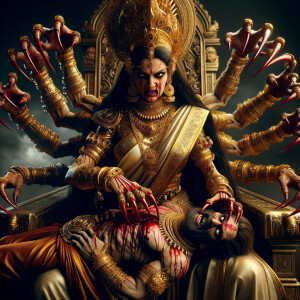 portrait of angry looking, four-armed indian goddess sitting on...
