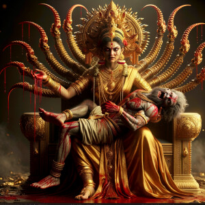 portrait of extremely angry looking goddess durga sitting on a gold crown and carrying a weak mahishasur on her lap and poking him with her amazingly long red fingernails. She is wearing gold armor, a huge gold crown, gold saree, abundant  gold jewelry, covered in blood. The scene is set in ancient India. The image is 8K resolution, cinematic, photography, ultra detailed face and epic.