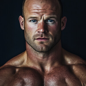 Create a dramatic muscular body portrait image of a 43 year old...