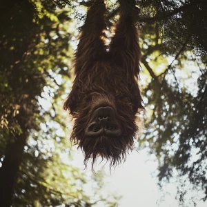 A humanoid looking hair covered sasquatch hanging upside-down hi...