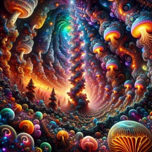 A hyper-detailed psychedelic vertical landscape of a surreal, mi...