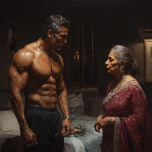 Hyperrealism painting,A sweaty beefy muscular indian man standin...