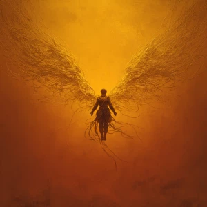 This striking image depicts a powerful, winged figure against a...