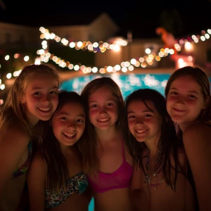 Group of middle-aged school girls at a 2012 nighttime pool party, posing cheerfully for a photo, with a mix of expressions and poses, including Caucasian girls. The setting exhibits a festive poolside ambience with decorative lights and party adornments.