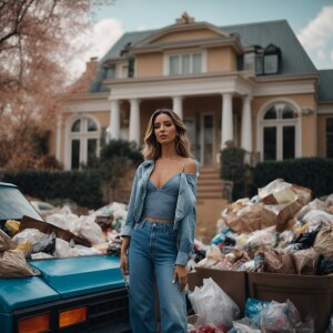 A beautiful woman wearing denim jeans holding shopping bags stan...