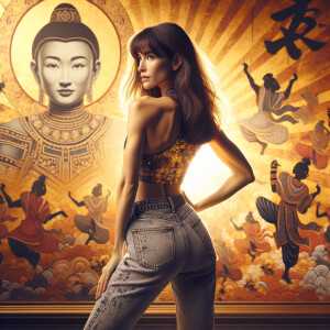 Athletic Thin skinny Attractive, Asian teenage girl, long brown hair and bangs, wearing tight skinny jeans and a halter top paint marks on her clothing, heroic pose Asian graffiti background, backside view