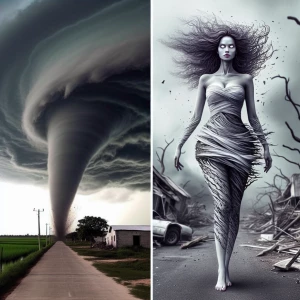 a woman wearing a tornado as a dress, the skirt merges into dark clouds in the sky and swirls pulling objects into it, her hair is wild in the wind, she walks forward her face porcelain white with pale pink lips, the woman wears the dress walking down a country road leaving destruction of houses and farms in her wake