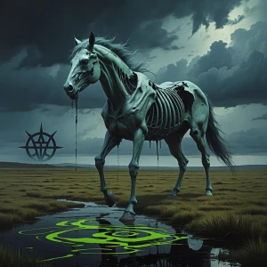 Zombified skeletal horse-beast in a desolate moor under a storm-...