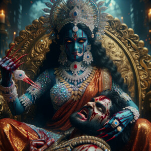 portrait of intense looking goddess kali, blue skinned, sitting on a gold crown and carrying a weak mahishasur on her lap and stabbing him with her amazing long red finger nails. She is wearing diamond armor, a huge diamond crown, red saree, abundant diamond jewelry, covered in blood. The scene is set in ancient India. The image is 8K resolution, cinematic, ultra detailed face and epic.