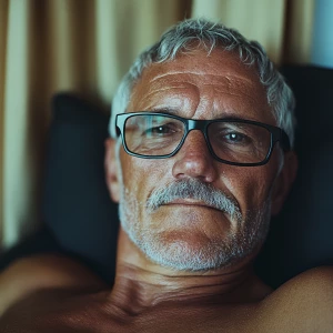 This image shows a close-up portrait of an older man bodybuilder...