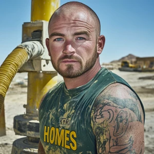 Brian Nobles a real 28 year old Caucasian male who is using  a concrete mixer, he is a  pump operator holding the hose which carries the liquid concrete to the foundation pour, Brian is slowly  beginning his transition into adult maturity , Brian Nobles is beginning to look like a grown man, he has large reflective blue eyes and a wrinkled brow,Brian is now balding , prominent large protruding round fat obese belly,,thick goatee beard, healthy muscle mass ,very noticeable male pattern balding hairline, Brian Nobles now has a  prominent receding and thinning male hairline (onset male pattern baldness), slightly fat overweight(Caucasian)wearing tight body conforming  glossy satin shiny green and gold tight fitting body conforming UnderArmour athletic bodysuit,emblazoned with the "KD HOMES" real estate logo, standing confidently in front of a newly completed constructed new KD HOME in Victorville California in a raw desert landscape. Brian has a protruding fat obese muscular physique, large male bulge, fat obese muscular frame , shows a substantial frame with a noticeable mature hairline and expressive eyes. His workman’s  pose should reflect his experience in his trade.