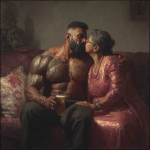 Realism,  painting.a muscular beefy sweaty tattoed indian man si...