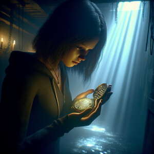 The girl stands in a dark gloomy basement and finds a locket wit...
