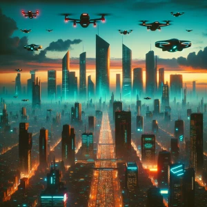 Create a 16:9 aspect ratio image depicting a stunning city skyli...