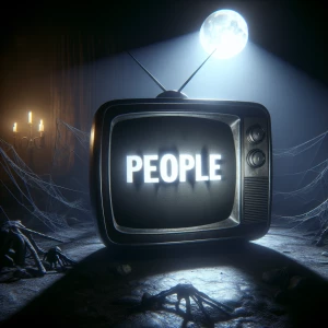 A tube tv in a scary environment that says the word “PEOPLE” on...