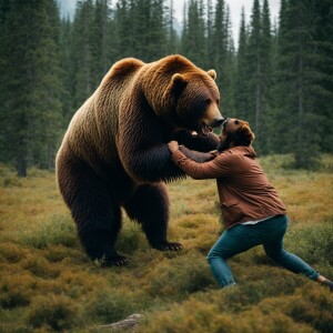A grizzly bear fighting a humanoid looking hair covered sasquatc...