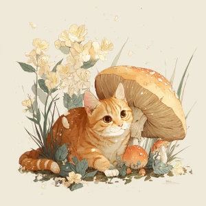 Playful orange tabby cat under mushroom, cute kawaii art, pastel...